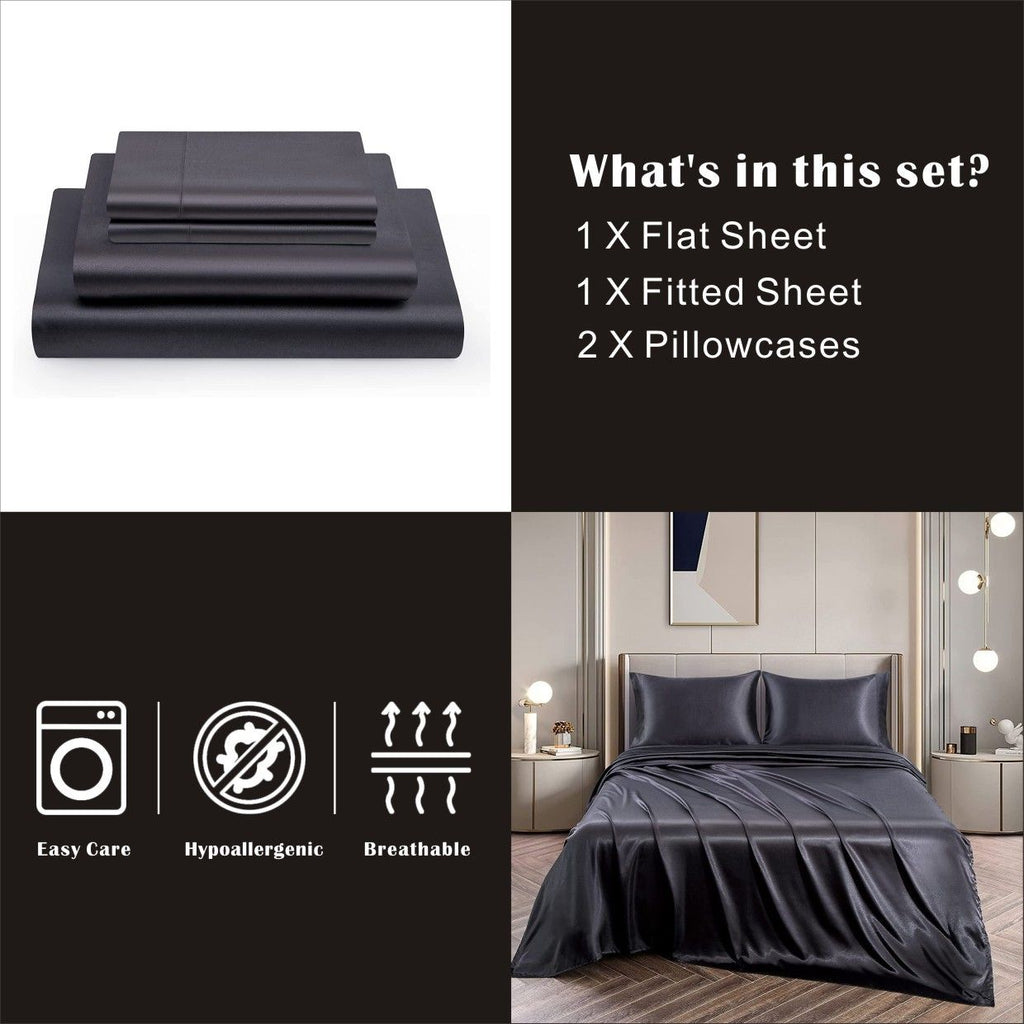 Art Silk Satin Sheet Set Hotel 4 Pieces Fitted/Flat Sheet Bedding Set-Luxury Soft Silky Sheets for Hair and Skin, Similar to Silk Bed Sheets Set 4 Pieces(Double,Black)