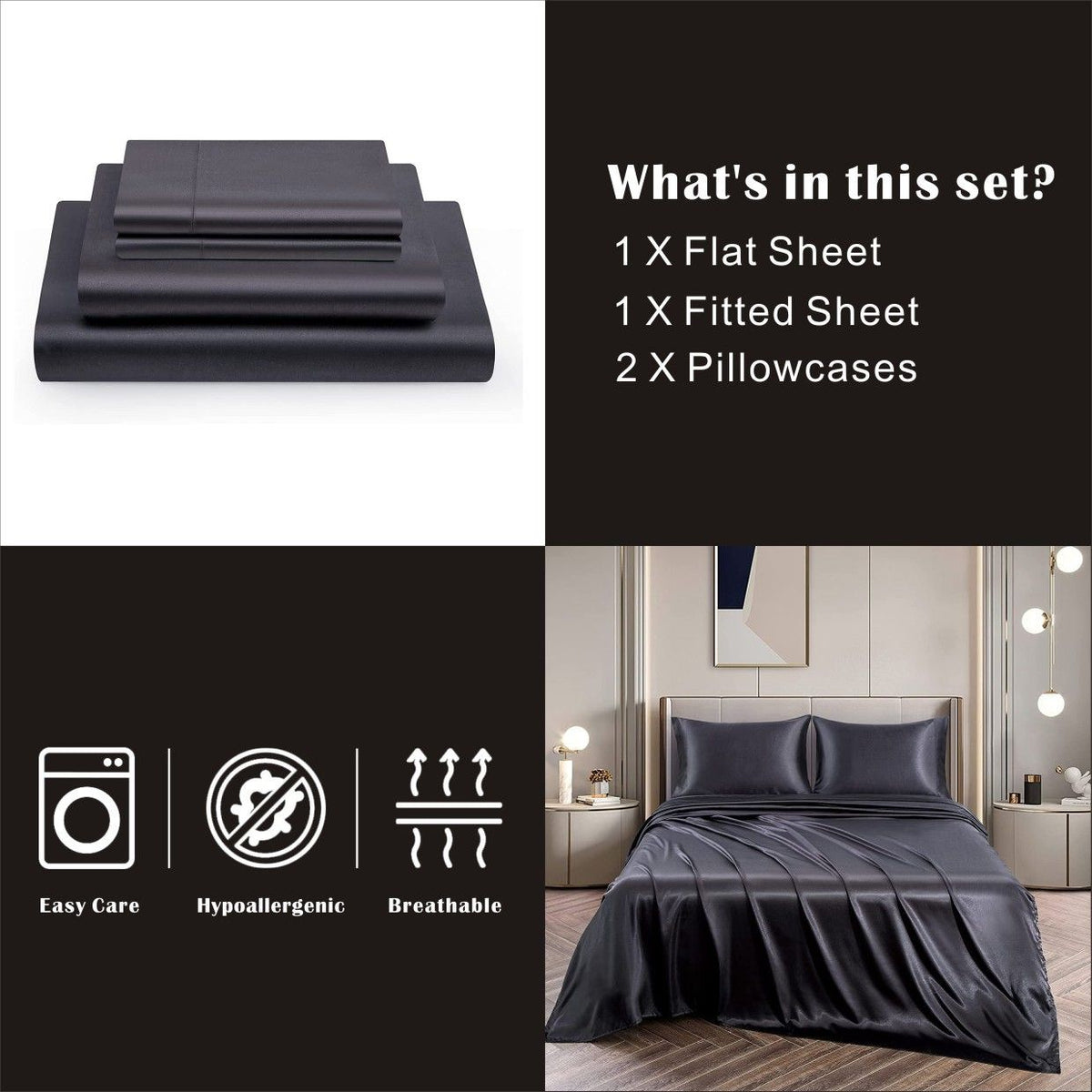 Art Silk Satin Sheet Set Hotel 4 Pieces Fitted/Flat Sheet Bedding Set-Luxury Soft Silky Sheets for Hair and Skin, Similar to Silk Bed Sheets Set 4 Pieces(Double,Black)
