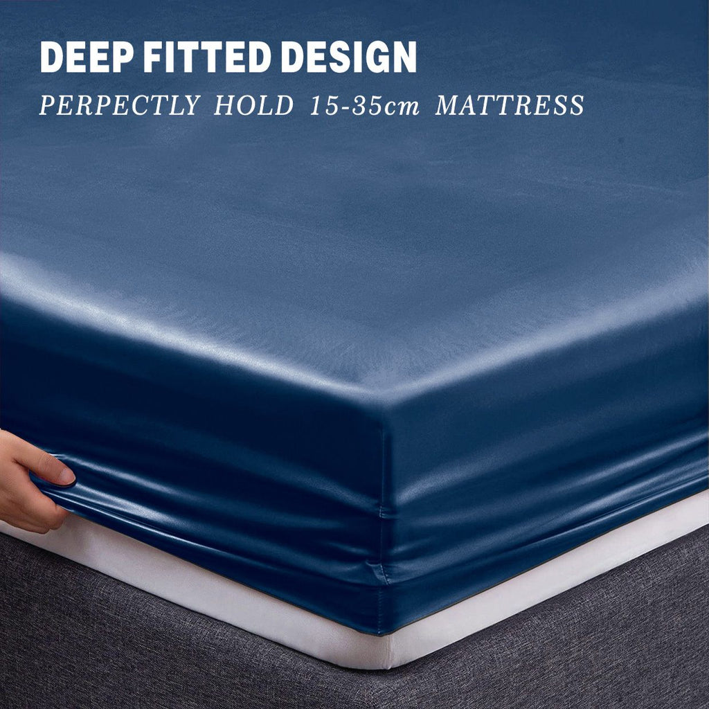 Art Silk Satin Sheet Set Hotel 4 Pieces Fitted/Flat Sheet Bedding Set-Luxury Soft Silky Sheets for Hair and Skin, Similar to Silk Bed Sheets Set 4 Pieces(Double,Navy)