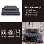 Art Silk Satin Sheet Set Hotel 4 Pieces Fitted/Flat Sheet Bedding Set-Luxury Soft Silky Sheets for Hair and Skin, Similar to Silk Bed Sheets Set 4 Pieces(Queen,Black)