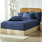 3 Piece Hotel Bamboo Cooling Fitted Sheet Set & Pillowcase -Ultra Soft 2000TC Breathable Fitted Bed Sheets Set with 37 Centimetre Deep Pocket-Cooling Sheets for Hot Sleepers(Navy,Queen)