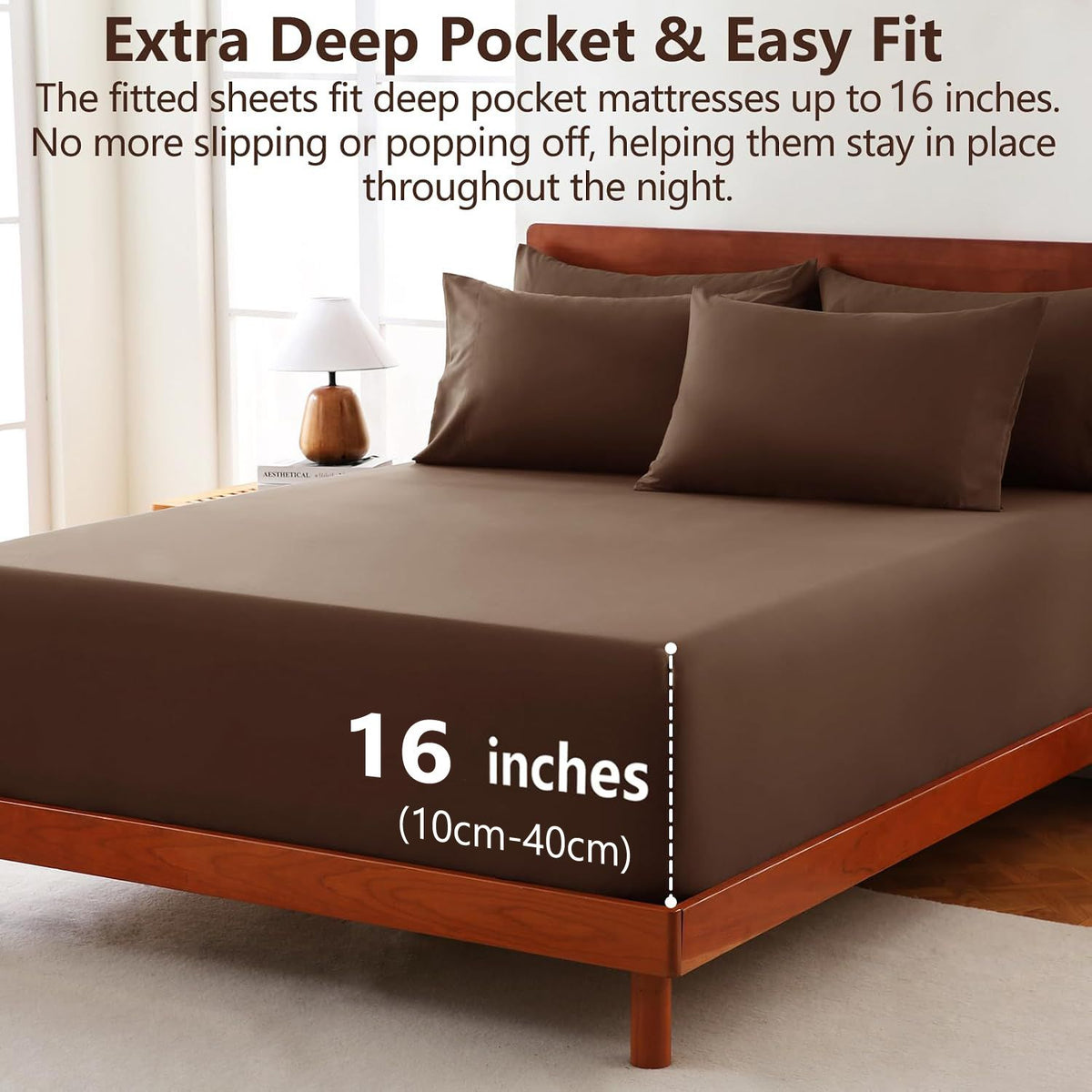 Hotel Soft Bed Sheet Set- Bedding Sheets & Pillowcases -Breathable Bedding - Wrinkle, Fade, Stain Resistant-Deep Pocket Flat Fitted Bed Sheet Set(Chocolate,Double)