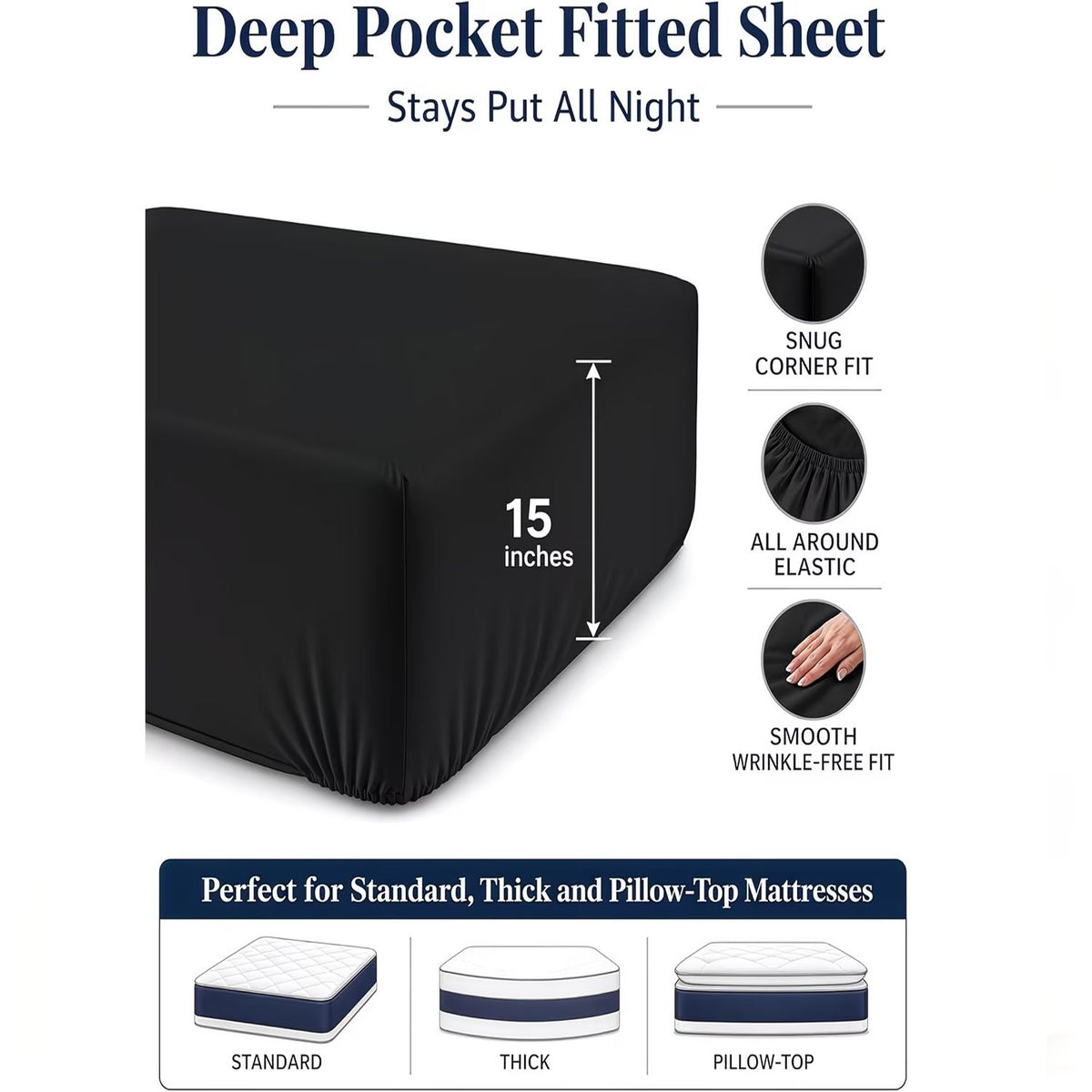 Hotel Quality Fitted Sheet - 1 Piece Fitted Sheet  -Breathable Bedding - Wrinkle, Fade, Stain Resistant- 16inch/40cm Deep Pocket Fitted Bed Sheet-Wrinkle and Fade Resistant,(Black,Double)