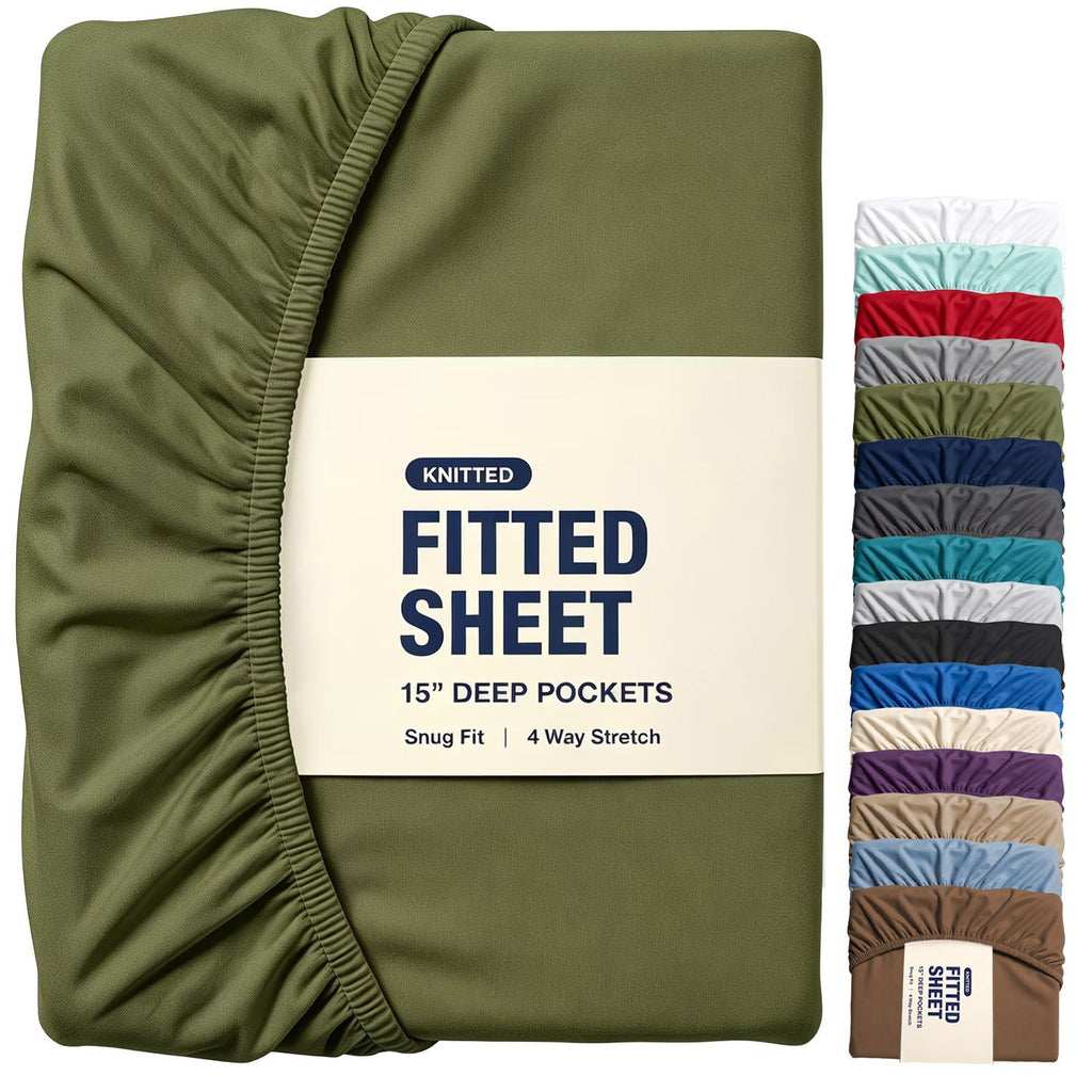 Hotel Quality Fitted Sheet - 1 Piece Fitted Sheet  -Breathable Bedding - Wrinkle, Fade, Stain Resistant- 16inch/40cm Deep Pocket Fitted Bed Sheet-Wrinkle and Fade Resistant,(Olive green,Double)