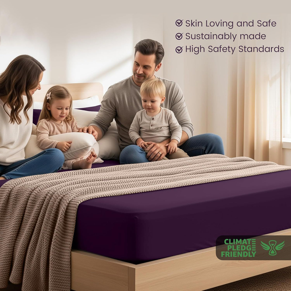 Hotel Quality Fitted Sheet - 1 Piece Fitted Sheet  -Breathable Bedding - Wrinkle, Fade, Stain Resistant- 16inch/40cm Deep Pocket Fitted Bed Sheet-Wrinkle and Fade Resistant,(Purple,Double)