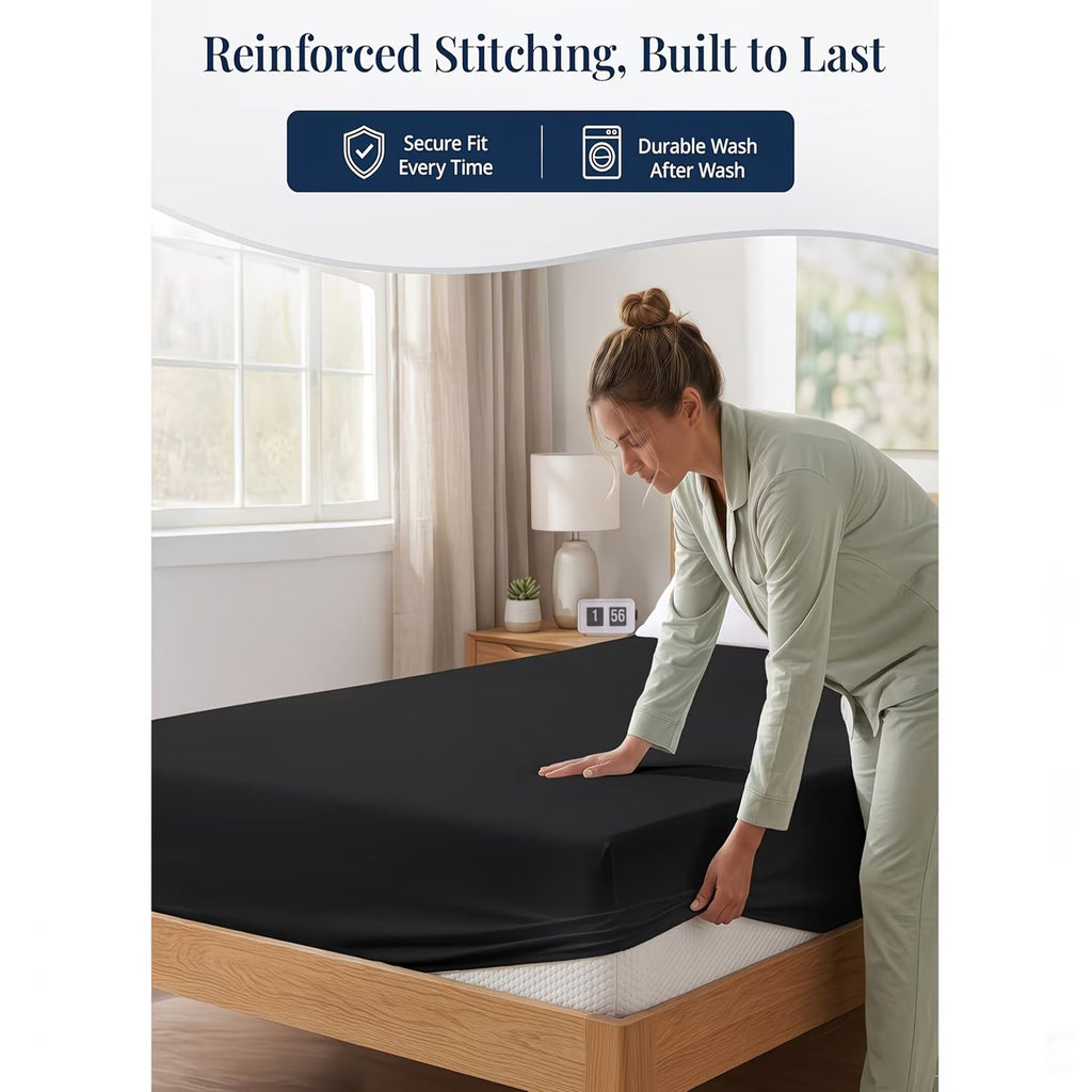 Hotel Quality Fitted Sheet - 1 Piece Fitted Sheet  -Breathable Bedding - Wrinkle, Fade, Stain Resistant- 16inch/40cm Deep Pocket Fitted Bed Sheet-Wrinkle and Fade Resistant,(Black,King)