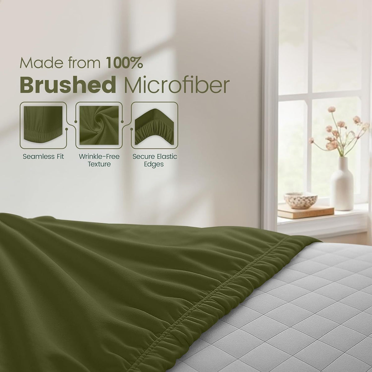Hotel Quality Fitted Sheet - 1 Piece Fitted Sheet  -Breathable Bedding - Wrinkle, Fade, Stain Resistant- 16inch/40cm Deep Pocket Fitted Bed Sheet-Wrinkle and Fade Resistant,(Olive green,King)