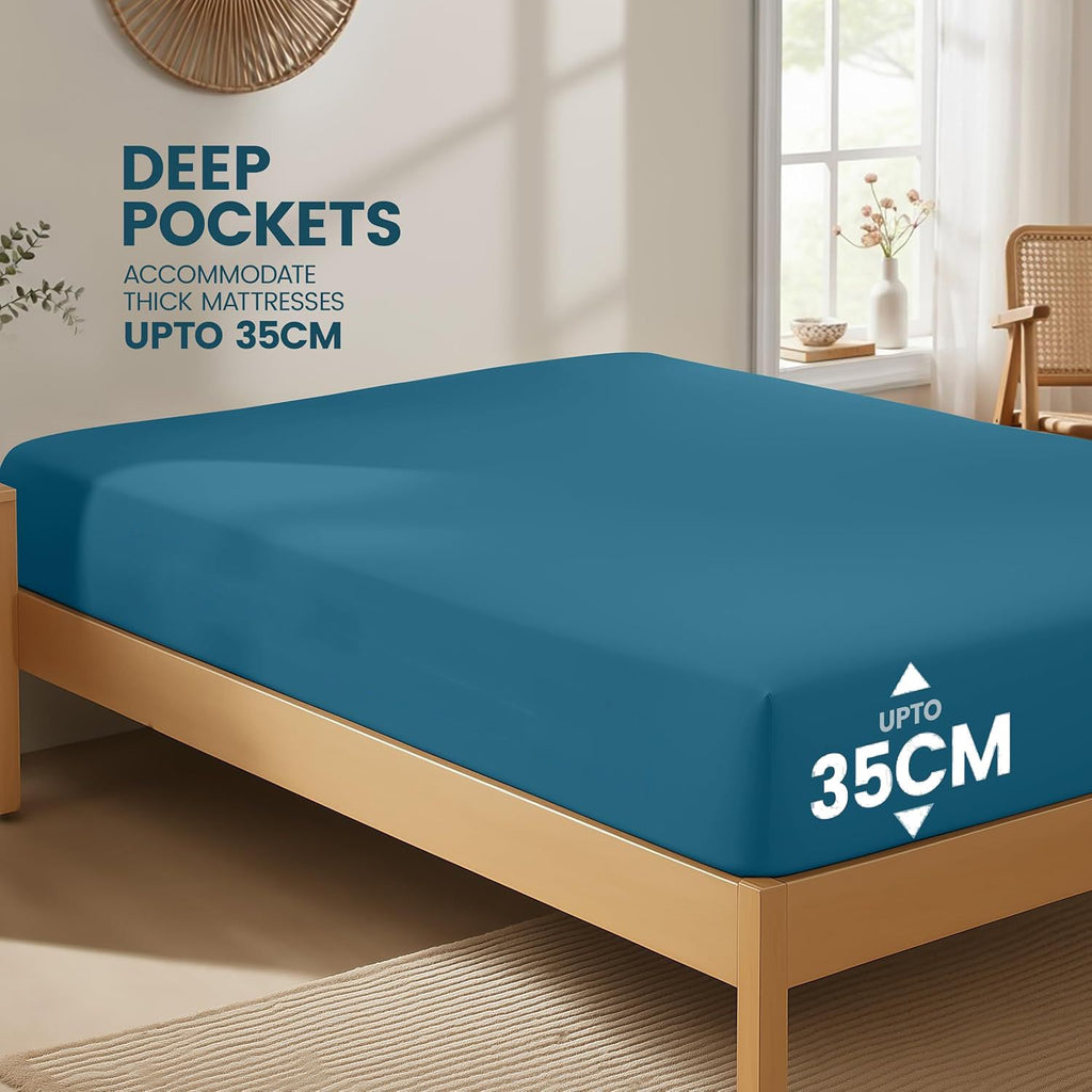 Hotel Quality Fitted Sheet - 1 Piece Fitted Sheet  -Breathable Bedding - Wrinkle, Fade, Stain Resistant- 16inch/40cm Deep Pocket Fitted Bed Sheet-Wrinkle and Fade Resistant,(Biscay blue,King Single)