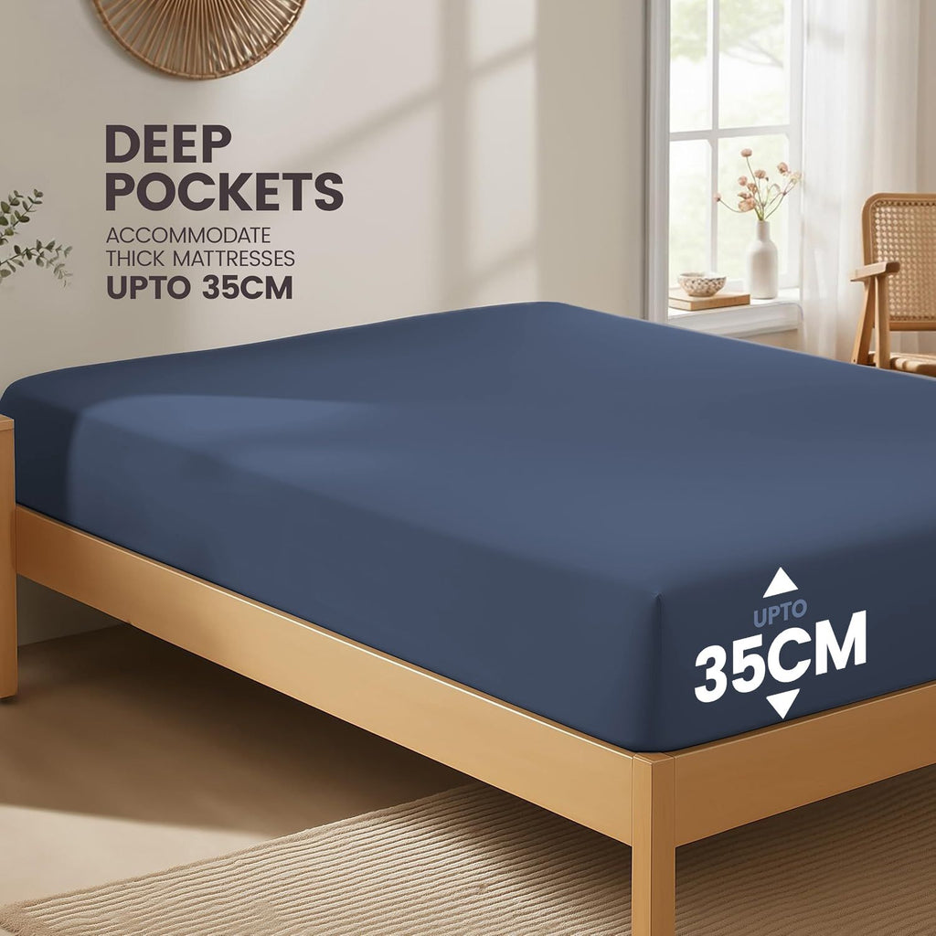 Hotel Quality Fitted Sheet - 1 Piece Fitted Sheet  -Breathable Bedding - Wrinkle, Fade, Stain Resistant- 16inch/40cm Deep Pocket Fitted Bed Sheet-Wrinkle and Fade Resistant,(Navy,Single)