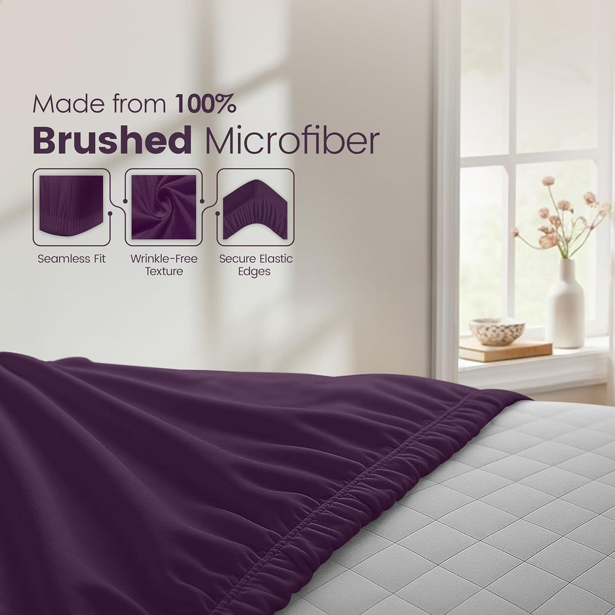 Hotel Quality Fitted Sheet - 1 Piece Fitted Sheet  -Breathable Bedding - Wrinkle, Fade, Stain Resistant- 16inch/40cm Deep Pocket Fitted Bed Sheet-Wrinkle and Fade Resistant,(Purple,Single)