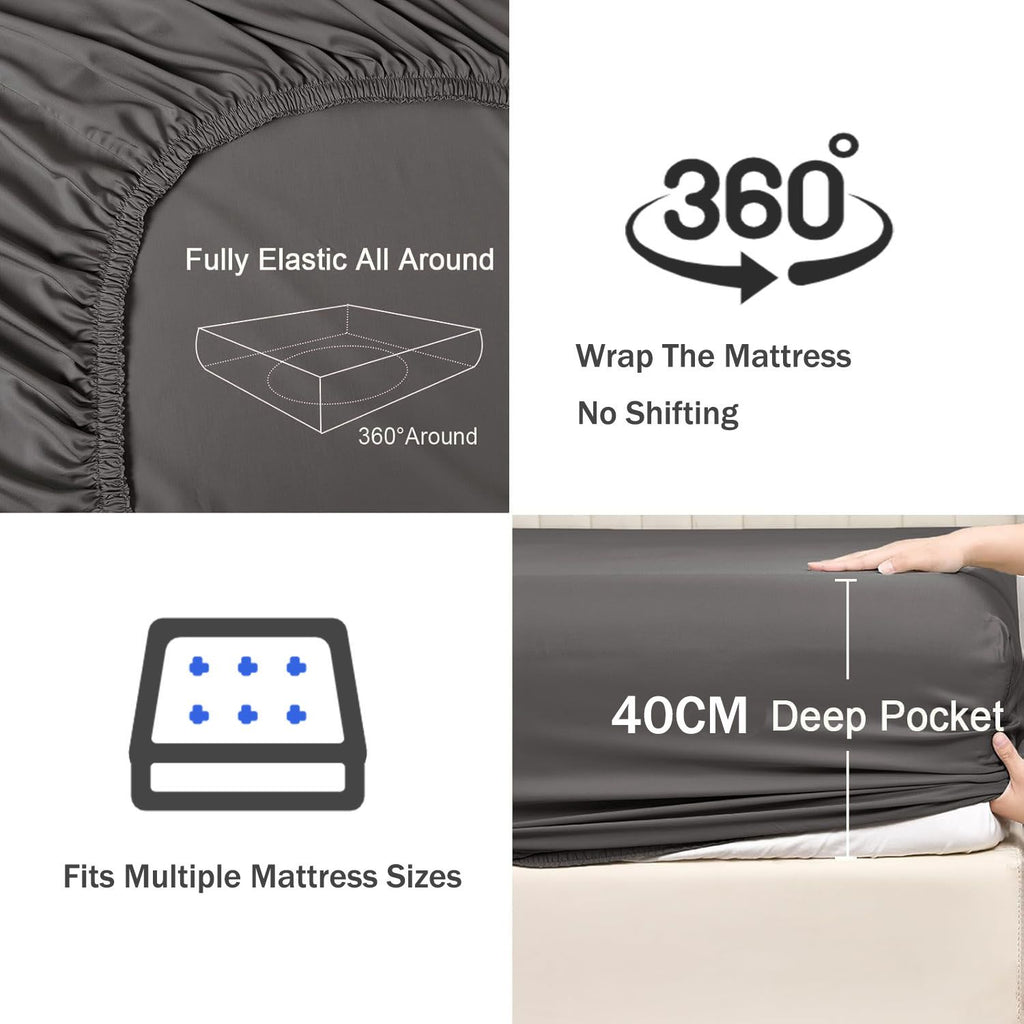 3 Piece Fitted Sheet Set- Fitted Sheet & Pillowcases -Breathable Bedding - Wrinkle, Fade, Stain Resistant- 40cm Deep Pocket Fitted Bed Sheet Set(Dark gray,Double)