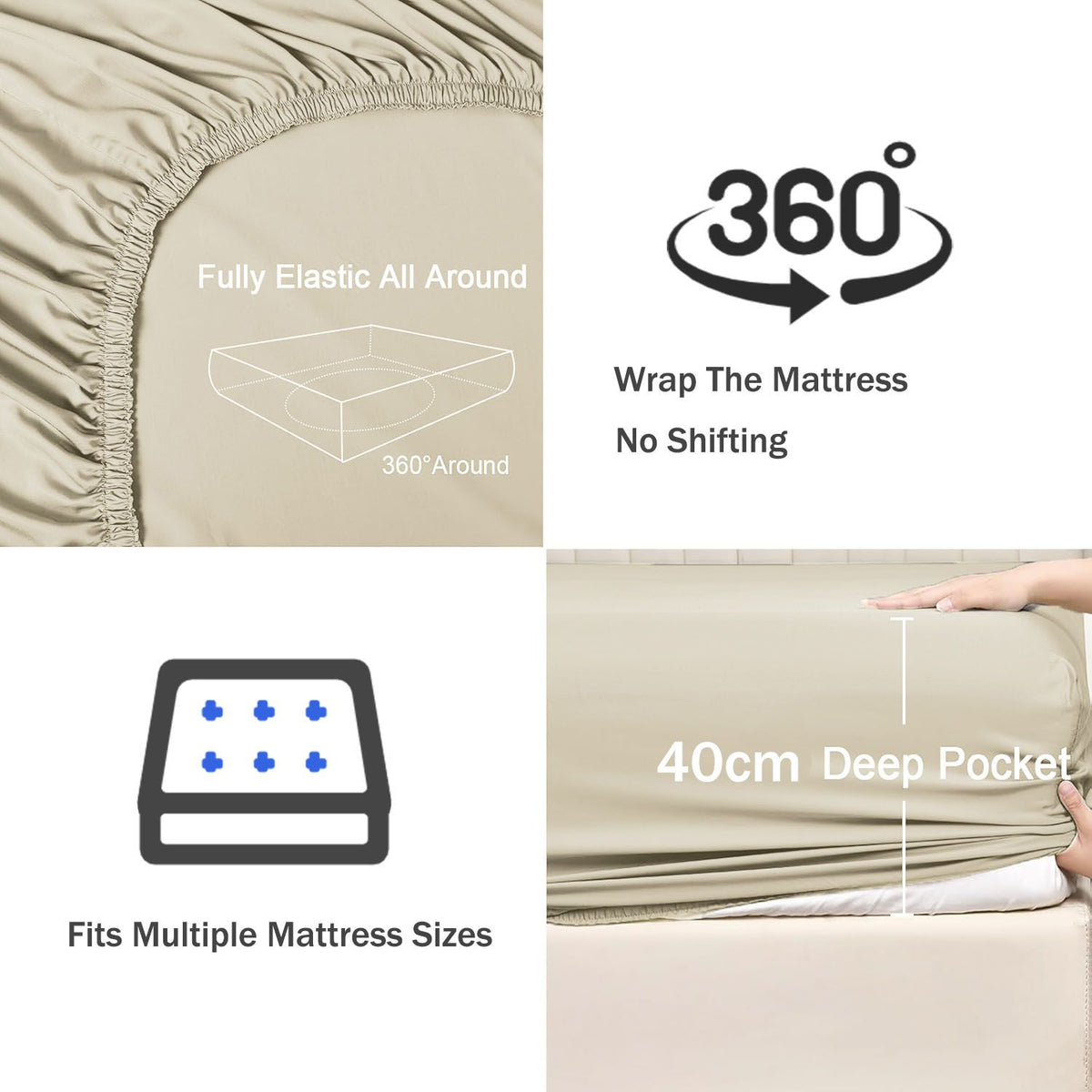 3 Piece Fitted Sheet Set- Fitted Sheet & Pillowcases -Breathable Bedding - Wrinkle, Fade, Stain Resistant- 40cm Deep Pocket Fitted Bed Sheet Set(Camel Beige,Double)