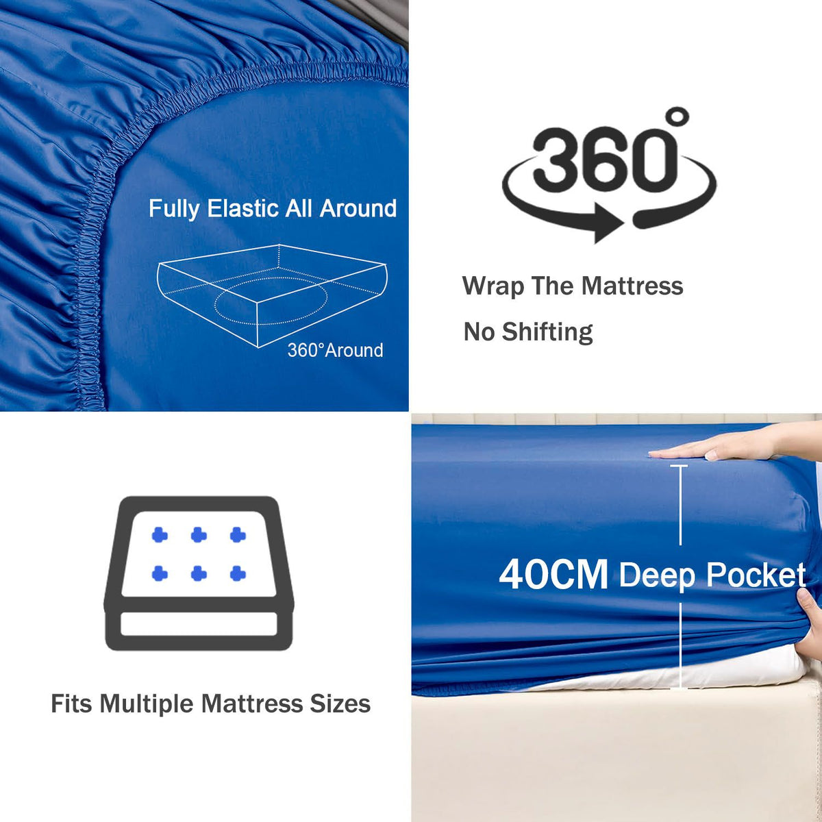 2 Piece Fitted Sheet Set- Fitted Sheet & Pillowcases -Breathable Bedding - Wrinkle, Fade, Stain Resistant- 40cm Deep Pocket Fitted Bed Sheet Set(Royal blue,King Single)