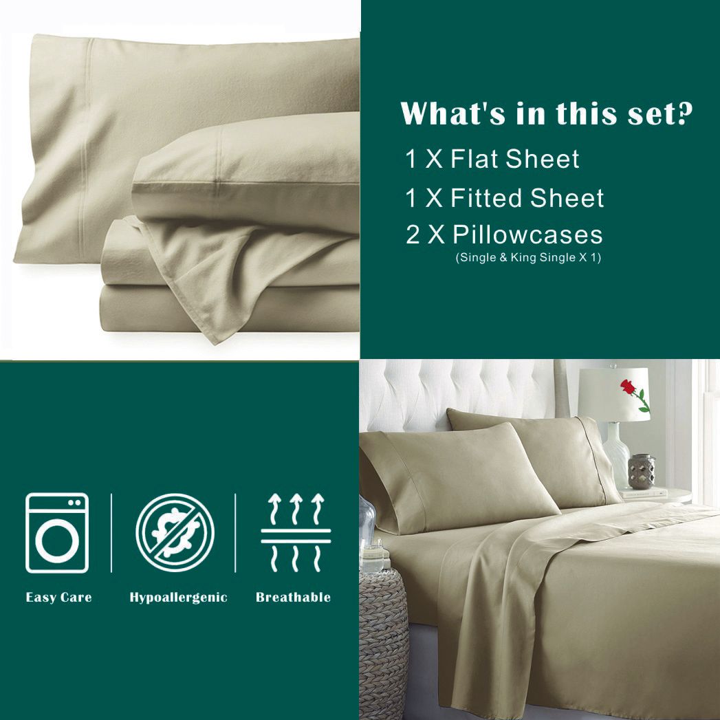 3 Piece Bed Sheet Set- Bedding Sheets & Pillowcases -Breathable Bedding - Wrinkle, Fade, Stain Resistant-Deep Pocket Flat Fitted Bed Sheet Set(Cream White,King Single)