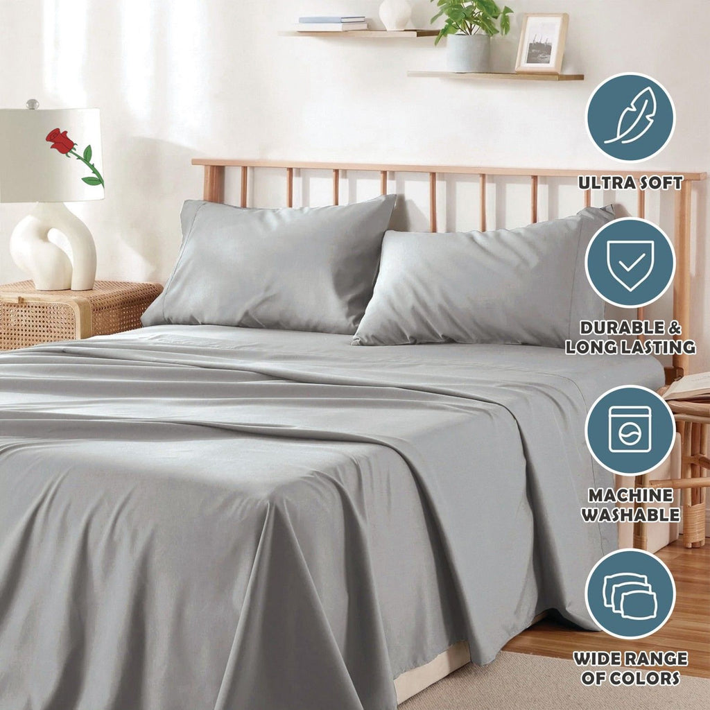 3 Piece Bed Sheet Set- Bedding Sheets & Pillowcases -Breathable Bedding - Wrinkle, Fade, Stain Resistant-Deep Pocket Flat Fitted Bed Sheet Set(Silver-gray,King Single)