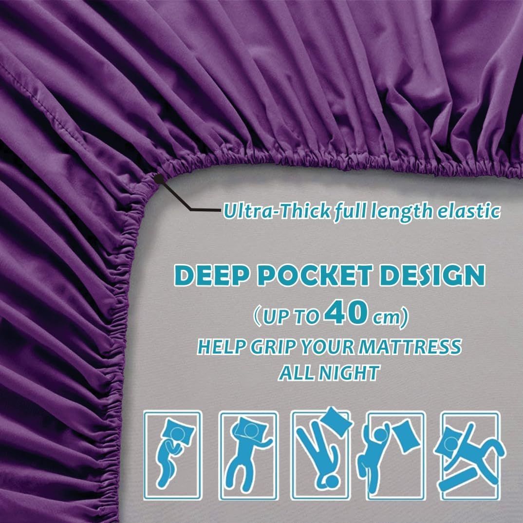 Hotel Quality Fitted Sheet - 1 Piece Fitted Sheet  -Breathable Bedding - Wrinkle, Fade, Stain Resistant- 16inch/40cm Deep Pocket Fitted Bed Sheet-Wrinkle and Fade Resistant,(Purple,King Single)