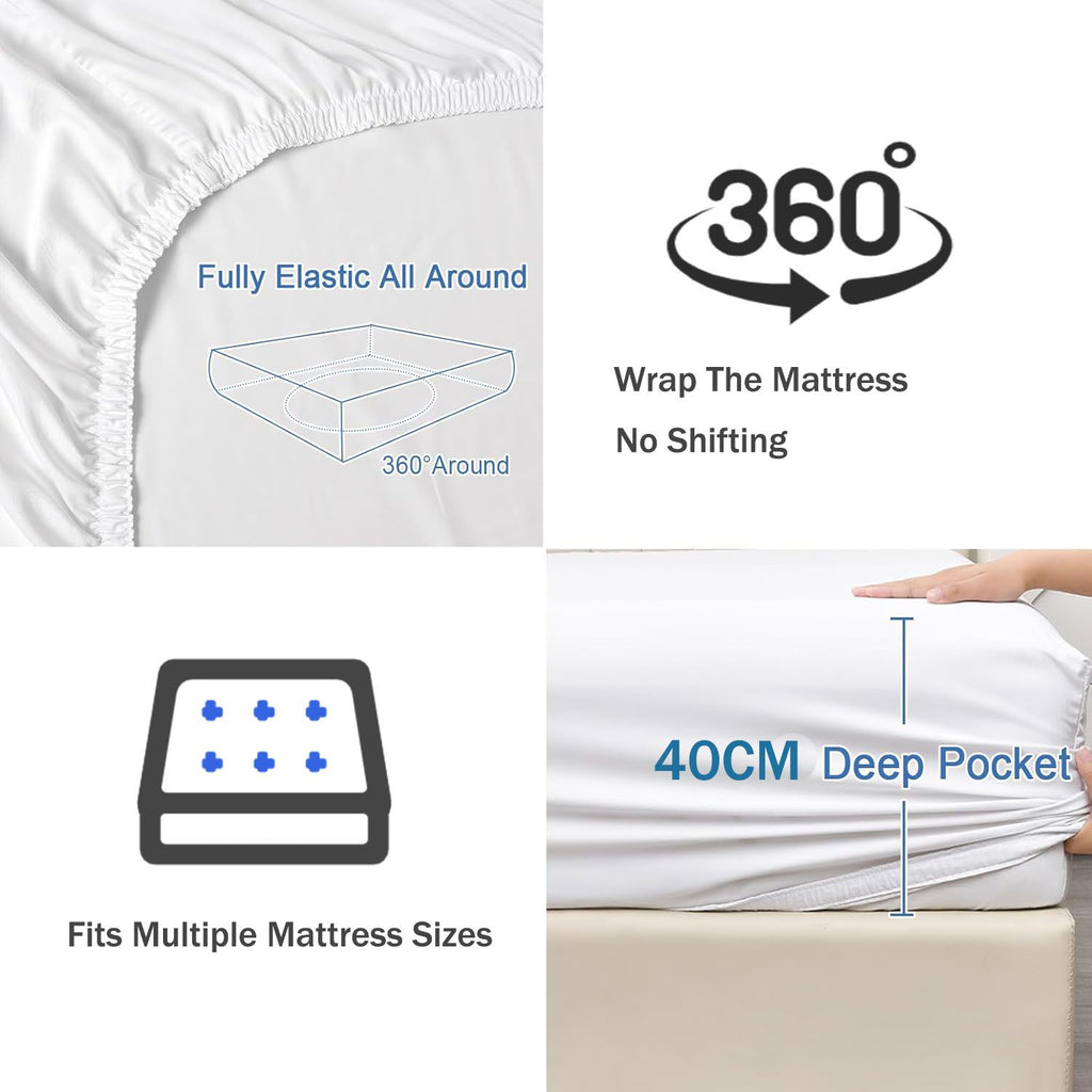 3 Piece Fitted Sheet Set- Fitted Sheet & Pillowcases -Breathable Bedding - Wrinkle, Fade, Stain Resistant- 40cm Deep Pocket Fitted Bed Sheet Set(White,Queen)