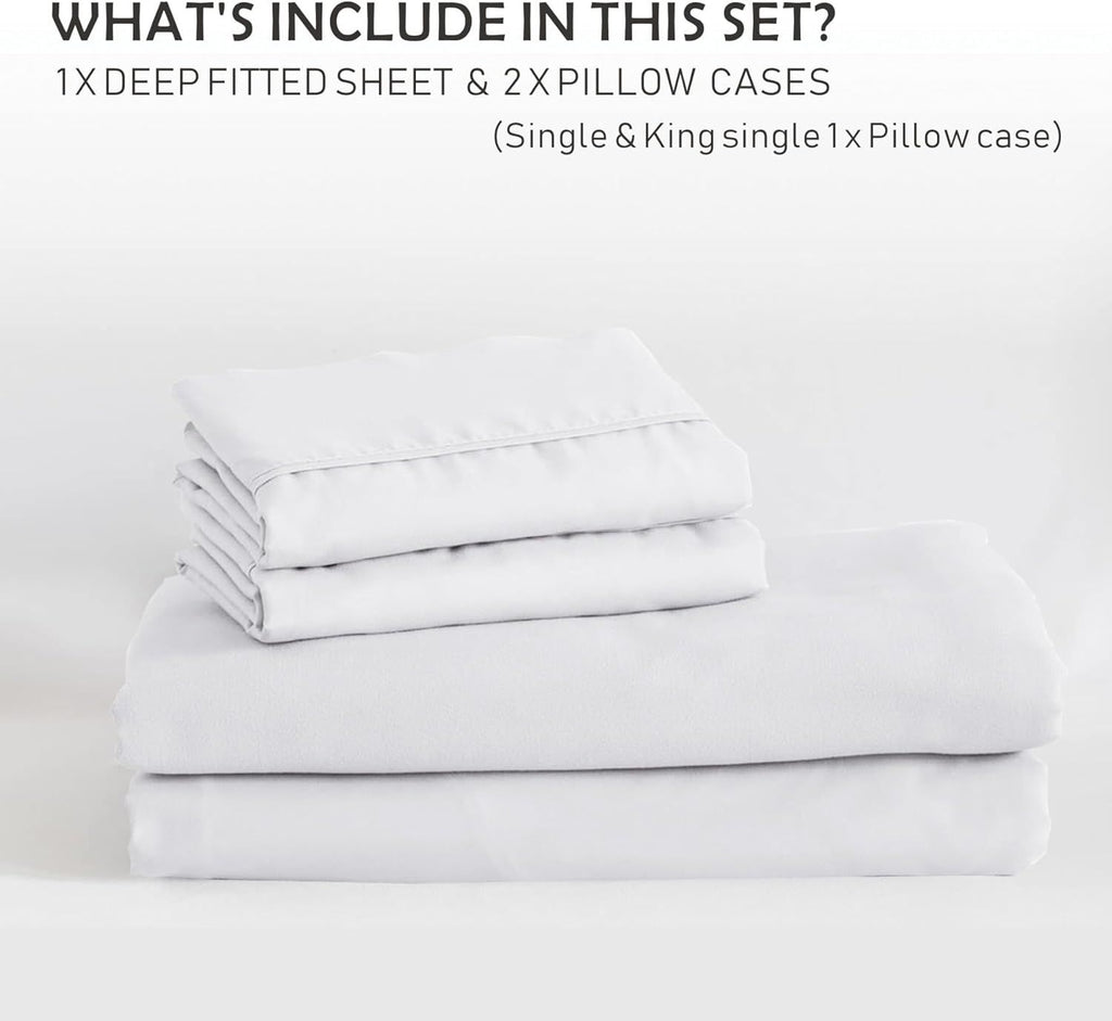 3 Piece Fitted Sheet Set- Fitted Sheet & Pillowcases -Breathable Bedding - Wrinkle, Fade, Stain Resistant- 40cm Deep Pocket Fitted Bed Sheet Set(White,Queen)