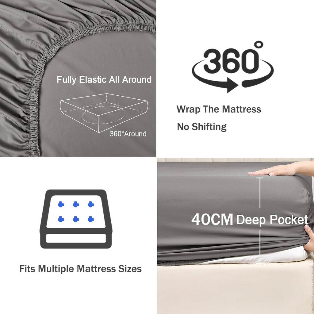 3 Piece Fitted Sheet Set- Fitted Sheet & Pillowcases -Breathable Bedding - Wrinkle, Fade, Stain Resistant- 40cm Deep Pocket Fitted Bed Sheet Set(Grey,Queen)