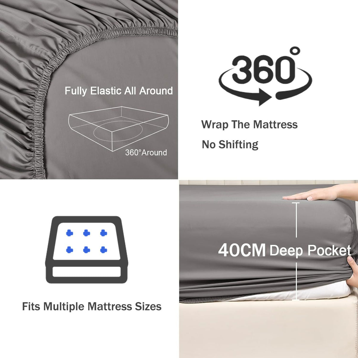 3 Piece Fitted Sheet Set- Fitted Sheet & Pillowcases -Breathable Bedding - Wrinkle, Fade, Stain Resistant- 40cm Deep Pocket Fitted Bed Sheet Set(Grey,Queen)