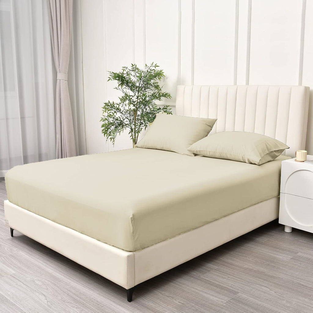2 Piece Fitted Sheet Set- Fitted Sheet & Pillowcases -Breathable Bedding - Wrinkle, Fade, Stain Resistant- 40cm Deep Pocket Fitted Bed Sheet Set(Cream White,Single)
