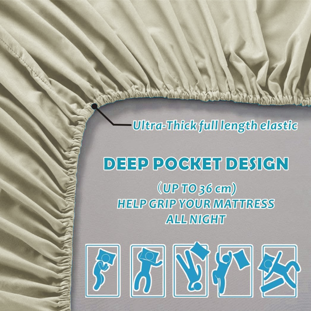 2 Piece Fitted Sheet Set- Fitted Sheet & Pillowcases -Breathable Bedding - Wrinkle, Fade, Stain Resistant- 40cm Deep Pocket Fitted Bed Sheet Set(Cream White,Single)