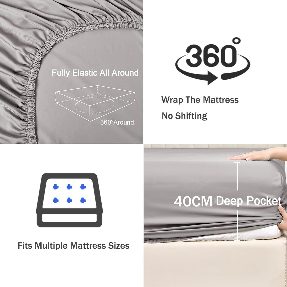 2 Piece Fitted Sheet Set- Fitted Sheet & Pillowcases -Breathable Bedding - Wrinkle, Fade, Stain Resistant- 40cm Deep Pocket Fitted Bed Sheet Set(Silver-gray,Single)