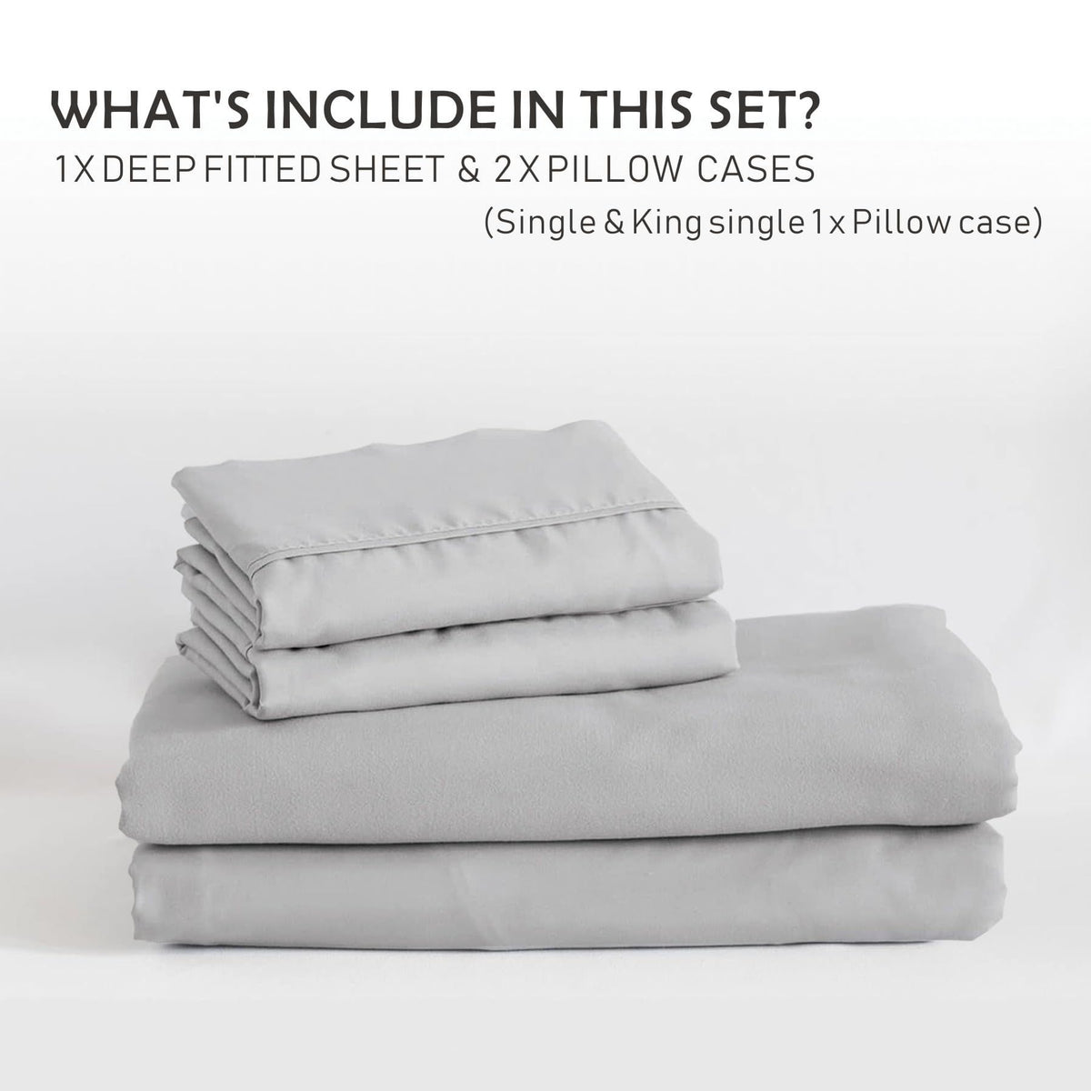 2 Piece Fitted Sheet Set- Fitted Sheet & Pillowcases -Breathable Bedding - Wrinkle, Fade, Stain Resistant- 40cm Deep Pocket Fitted Bed Sheet Set(Silver-gray,Single)