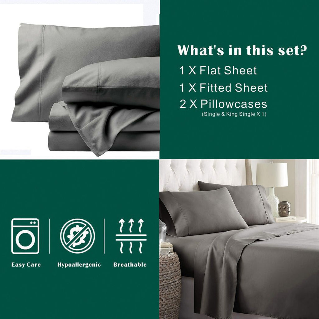 3 Piece Bed Sheet Set- Bedding Sheets & Pillowcases -Breathable Bedding - Wrinkle, Fade, Stain Resistant-Deep Pocket Flat Fitted Bed Sheet Set(Grey,Single)
