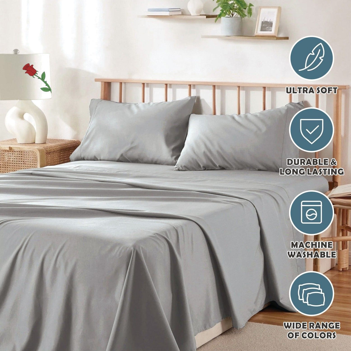 3 Piece Bed Sheet Set- Bedding Sheets & Pillowcases -Breathable Bedding - Wrinkle, Fade, Stain Resistant-Deep Pocket Flat Fitted Bed Sheet Set(Silver-gray,Single)