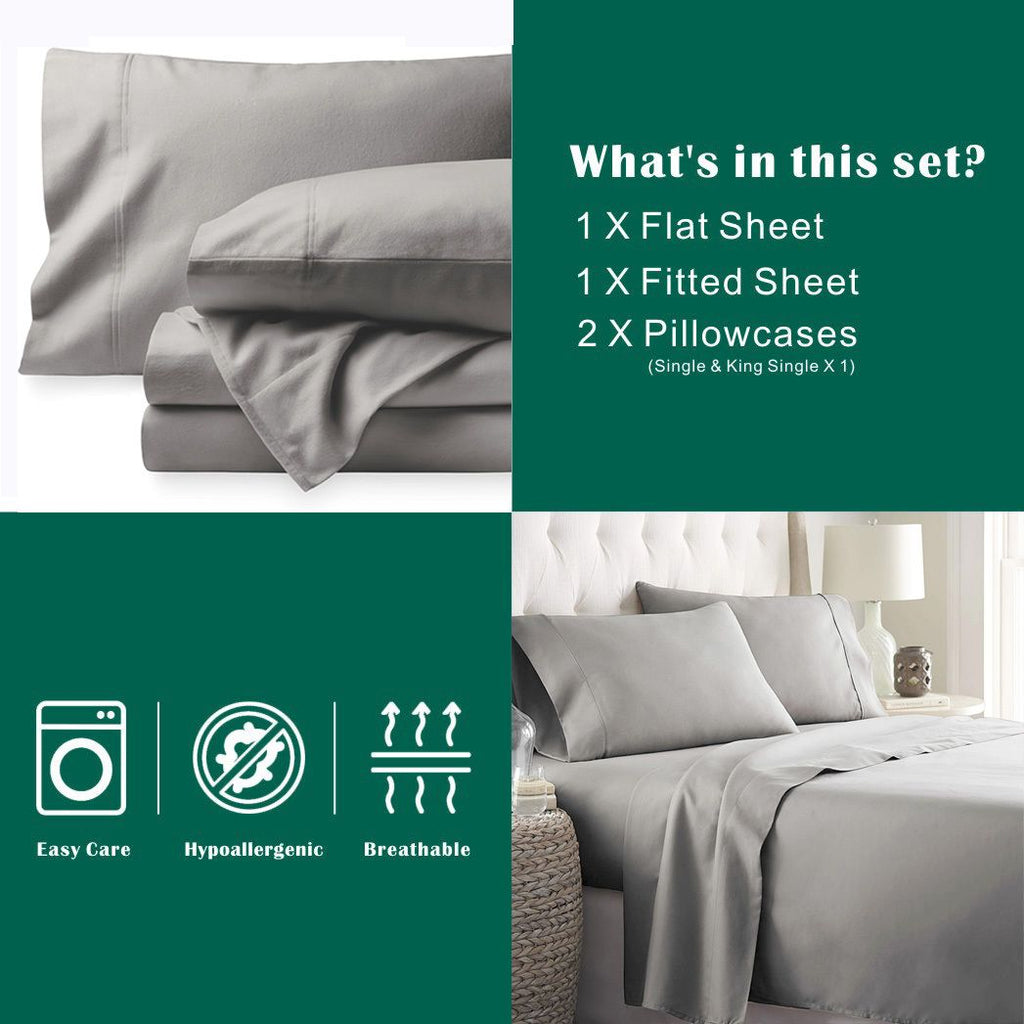 3 Piece Bed Sheet Set- Bedding Sheets & Pillowcases -Breathable Bedding - Wrinkle, Fade, Stain Resistant-Deep Pocket Flat Fitted Bed Sheet Set(Silver-gray,Single)