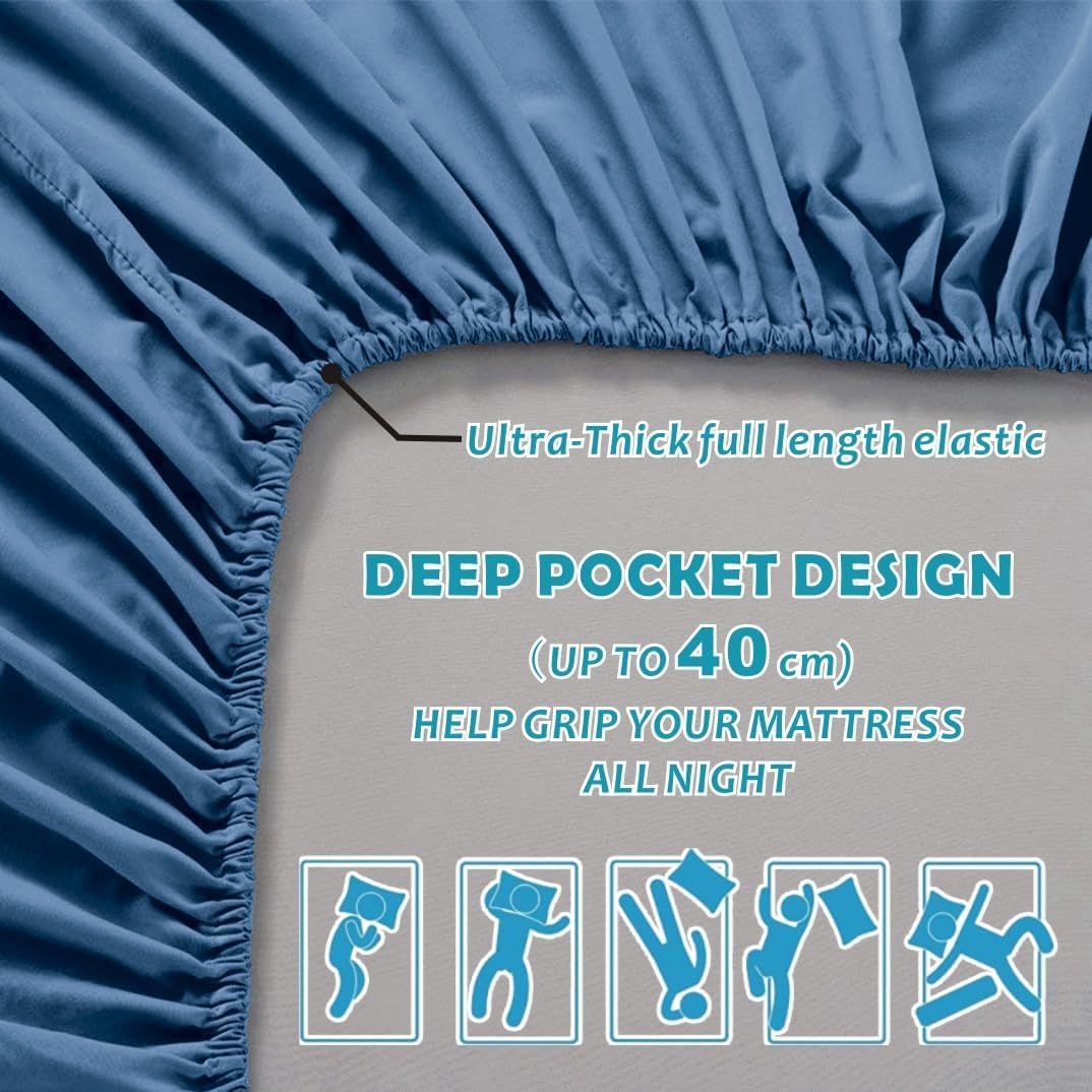 Hotel Quality Fitted Sheet - 1 Piece Fitted Sheet  -Breathable Bedding - Wrinkle, Fade, Stain Resistant- 16inch/40cm Deep Pocket Fitted Bed Sheet-Wrinkle and Fade Resistant,(Ocean,Single)