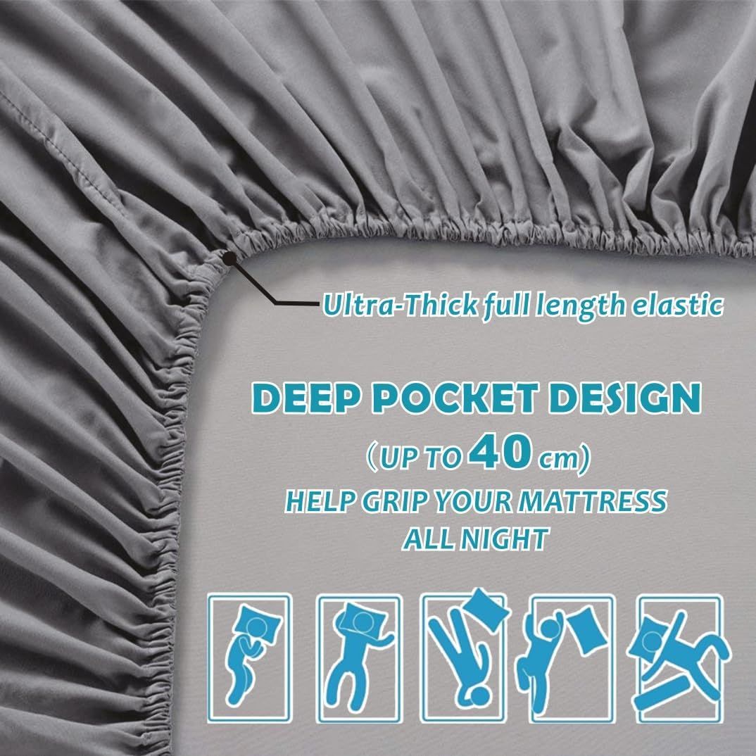 Hotel Quality Fitted Sheet - 1 Piece Fitted Sheet  -Breathable Bedding - Wrinkle, Fade, Stain Resistant- 16inch/40cm Deep Pocket Fitted Bed Sheet-Wrinkle and Fade Resistant,(Grey,Single)