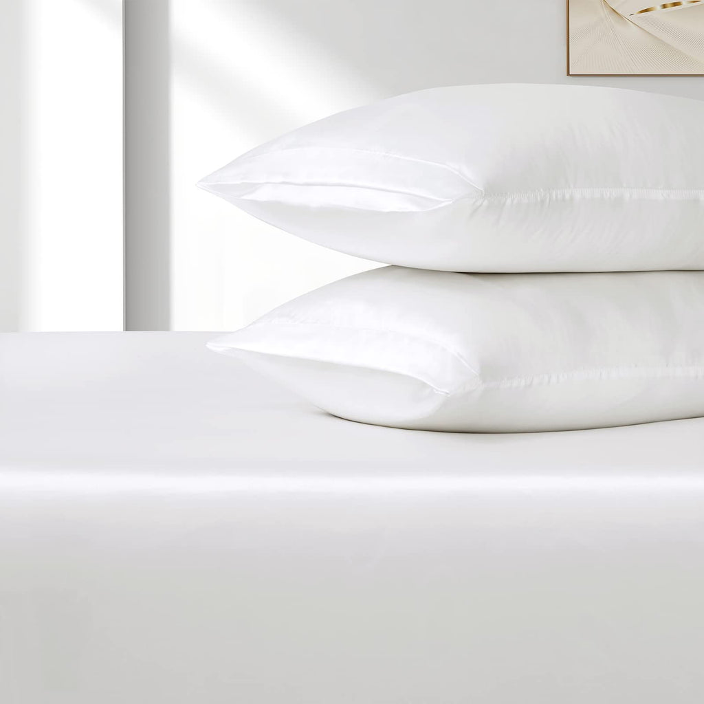 Satin Fitted Sheet Set Hotel 3 Pieces Fitted Sheet with Pillowcase, Art Silk Bedding Set-Luxury Soft Silky Sheets for Hair and Skin, Similar to Silk Fitted Sheets Set 3 Pieces(Double,White)
