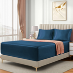 Satin Fitted Sheet Set Hotel 3 Pieces Fitted Sheet with Pillowcase, Art Silk Bedding Set-Luxury Soft Silky Sheets for Hair and Skin, Similar to Silk Fitted Sheets Set 3 Pieces(Double,Navy)