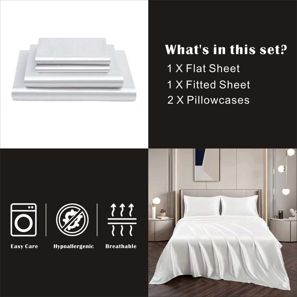 Art Silk Satin Sheet Set Hotel 4 Pieces Fitted/Flat Sheet Bedding Set-Luxury Soft Silky Sheets for Hair and Skin, Similar to Silk Bed Sheets Set 4 Pieces(Double,White)