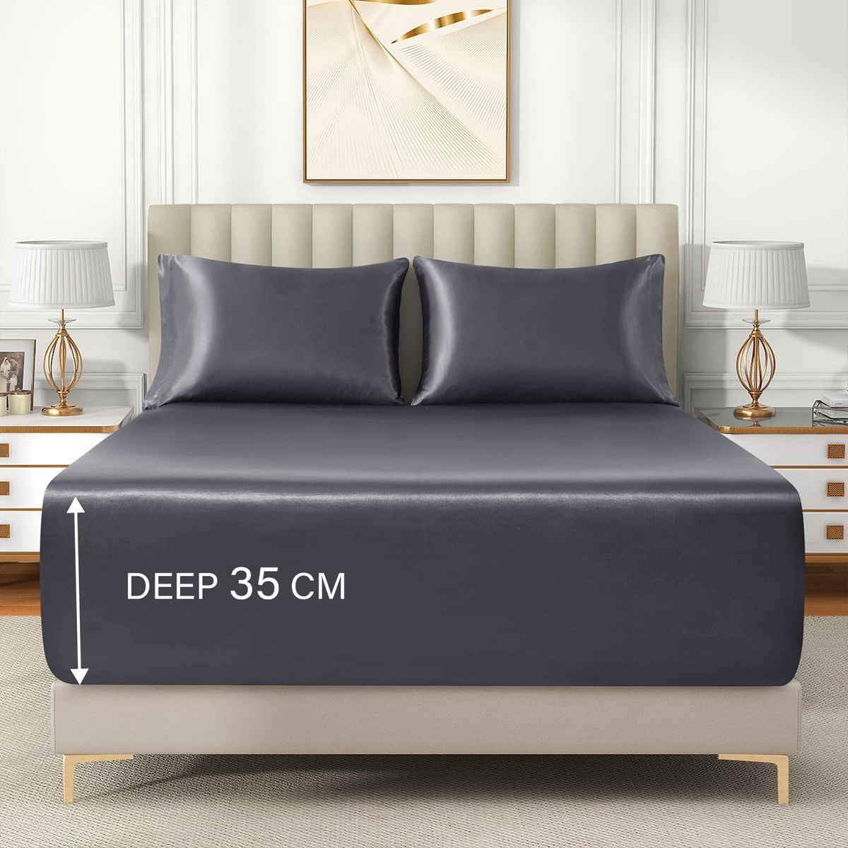 Satin Fitted Sheet Set Hotel 3 Pieces Fitted Sheet with Pillowcase, Art Silk Bedding Set-Luxury Soft Silky Sheets for Hair and Skin, Similar to Silk Fitted Sheets Set 3 Pieces(King,Grey)