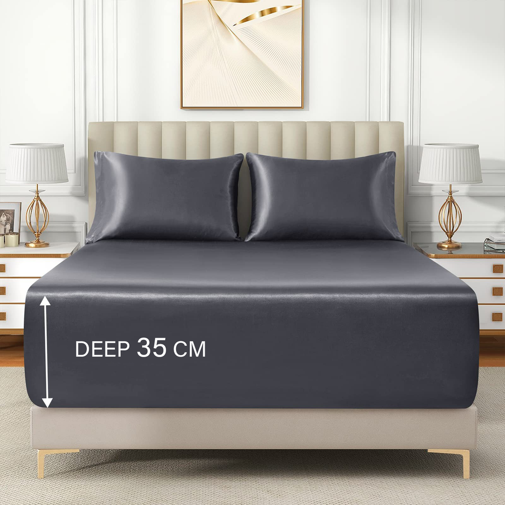 Satin Fitted Sheet Set Hotel 3 Pieces Fitted Sheet with Pillowcase, Art Silk Bedding Set-Luxury Soft Silky Sheets for Hair and Skin, Similar to Silk Fitted Sheets Set 3 Pieces(Queen,Grey)