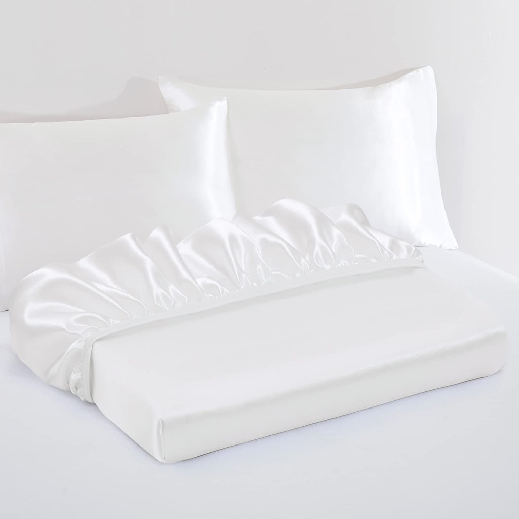 Satin Fitted Sheet Set Hotel 3 Pieces Fitted Sheet with Pillowcase, Art Silk Bedding Set-Luxury Soft Silky Sheets for Hair and Skin, Similar to Silk Fitted Sheets Set 3 Pieces(Super King,White)
