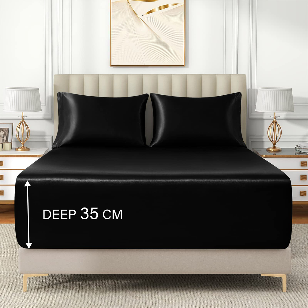 Satin Fitted Sheet Set Hotel 3 Pieces Fitted Sheet with Pillowcase, Art Silk Bedding Set-Luxury Soft Silky Sheets for Hair and Skin, Similar to Silk Fitted Sheets Set 3 Pieces(Super King,Black)