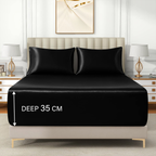Satin Fitted Sheet Set Hotel 3 Pieces Fitted Sheet with Pillowcase, Art Silk Bedding Set-Luxury Soft Silky Sheets for Hair and Skin, Similar to Silk Fitted Sheets Set 3 Pieces(Super King,Black)