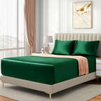 Satin Fitted Sheet Set Hotel 3 Pieces Fitted Sheet with Pillowcase, Art Silk Bedding Set-Luxury Soft Silky Sheets for Hair and Skin, Similar to Silk Fitted Sheets Set 3 Pieces(Super King,Green)