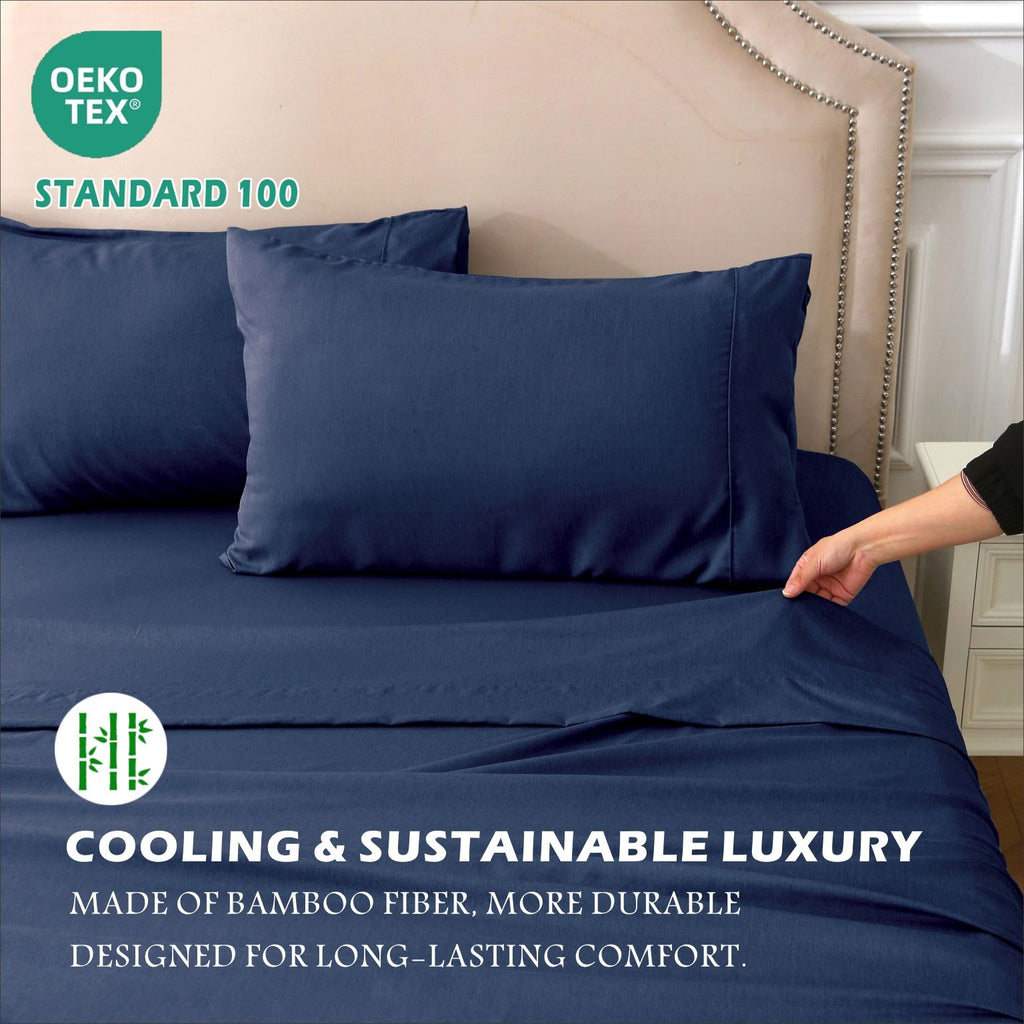 3 Piece Hotel Bamboo Cooling Sheet Set -Ultra Soft 2000TC Breathable Bed Sheets Set with 37 Centimetre Deep Pocket-Cooling Sheets for Hot Sleepers(Navy,Single)