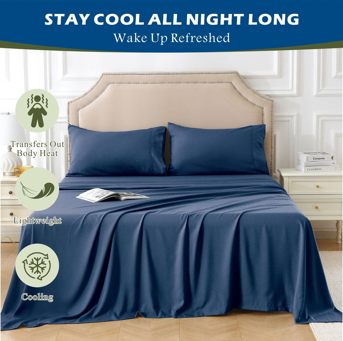 3 Piece Hotel Bamboo Cooling Sheet Set -Ultra Soft 2000TC Breathable Bed Sheets Set with 37 Centimetre Deep Pocket-Cooling Sheets for Hot Sleepers(Navy,Single)