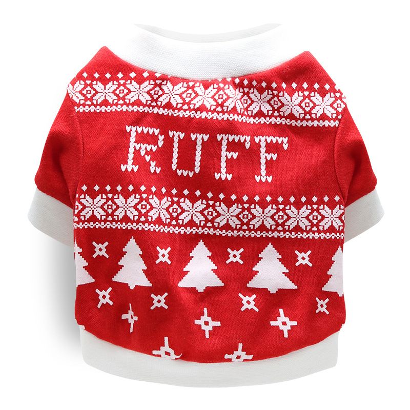 DROOLING DOG Pet Dog Cat Clothes Cotton T Shirt Red background and white border (Christmas tree) XS