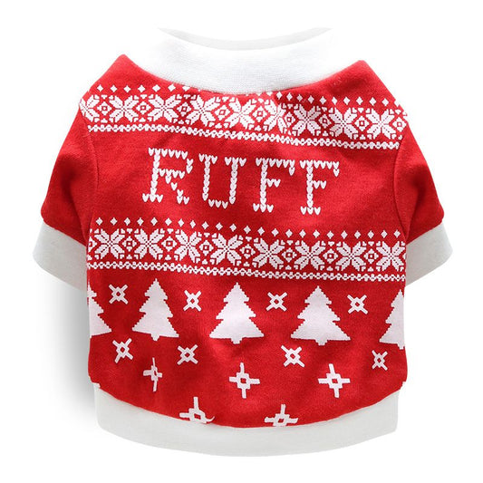 DROOLING DOG Pet Dog Cat Clothes Cotton T Shirt Red background and white border (Christmas tree)