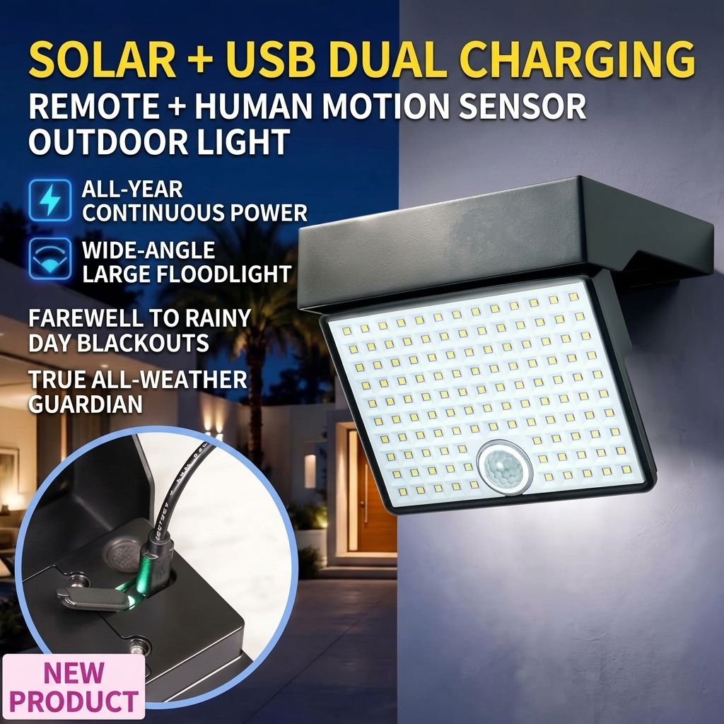 Solar Powered Outdoor LED Floodlight with Remote Control and Motion Sensor, Dual Charging via Solar and USB, Weatherproof Wall Light for Driveway Garden Patio, Choice of 6000K Daylight or 3000K Warm Glow (3000K Warm，2PCS)