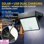 Solar Powered Outdoor LED Floodlight with Remote Control and Motion Sensor, Dual Charging via Solar and USB, Weatherproof Wall Light for Driveway Garden Patio, Choice of 6000K Daylight or 3000K Warm Glow (6000K White，2PCS)