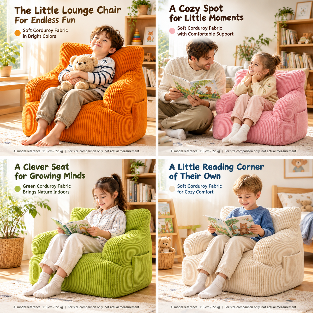 Kids Single Sofa Chair with Corduroy Fabric and Storage Pocket, Cozy Bean Bag Lounger for Children Bedroom and Home Reading Nook (DarkGrey)