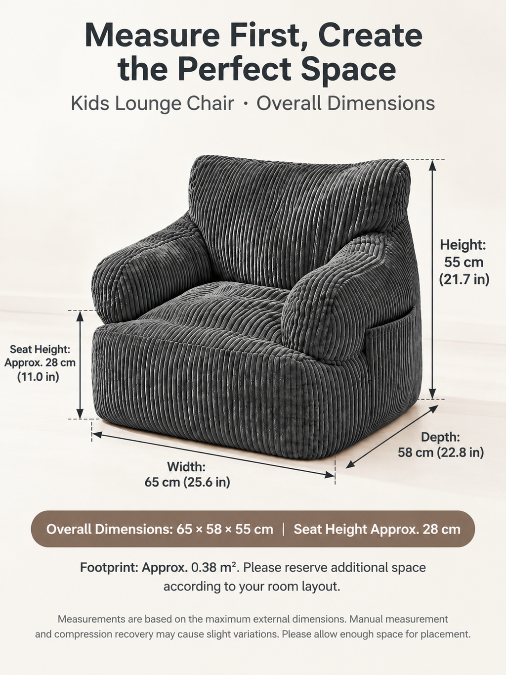 Kids Single Sofa Chair with Corduroy Fabric and Storage Pocket, Cozy Bean Bag Lounger for Children Bedroom and Home Reading Nook (Green)